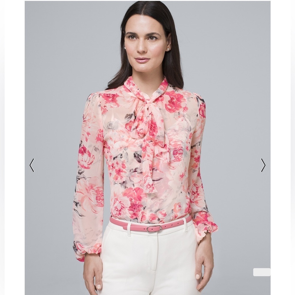 White House black market floral pink convertible blouse with tie black gray 14